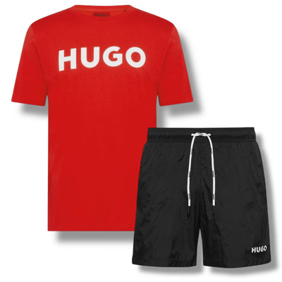 HUGO BIG LOGO T-SHIRT & SMALL LOGO SWIM SHORTS SET RED & BLACK
