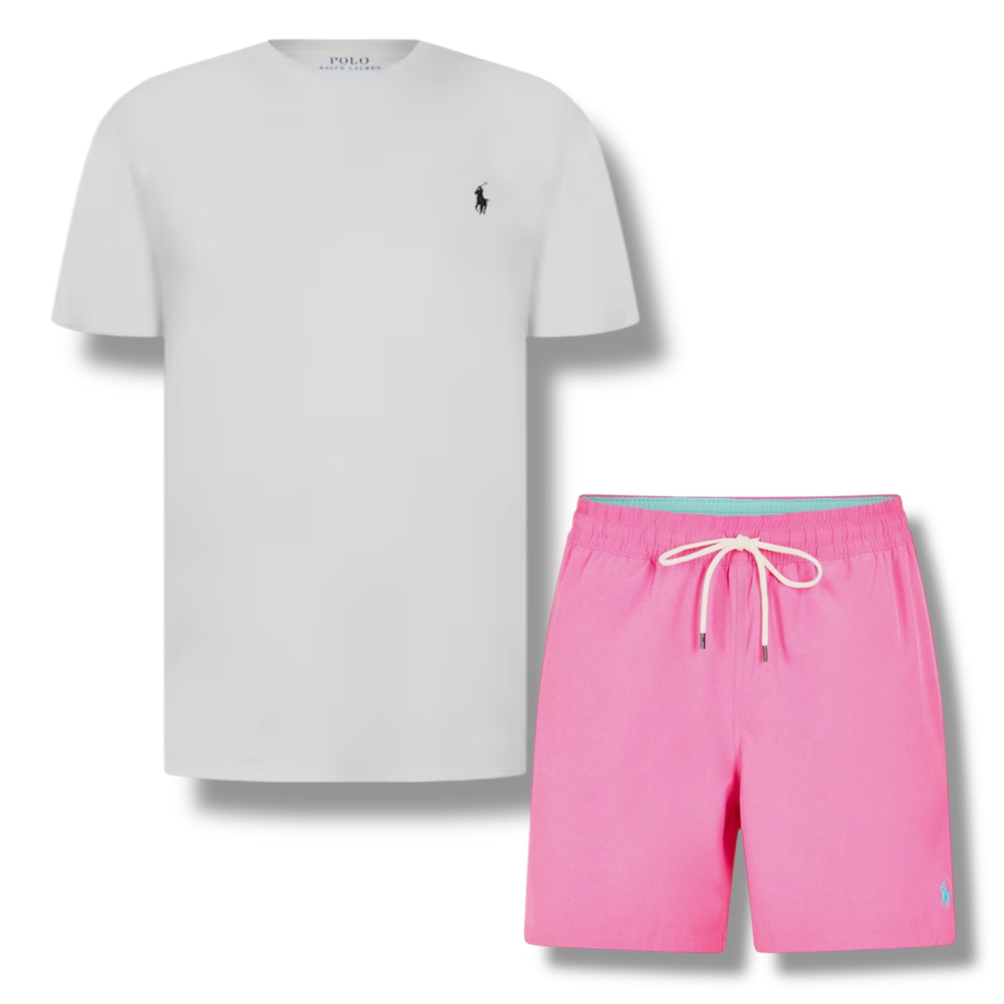 RALPH LAUREN T-SHIRT & SWIM SHORTS SET WHITE & BRIGHT PINK