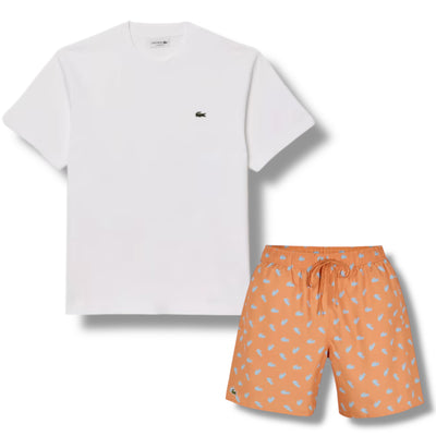 LACOSTE SMALL LOGO T-SHIRT & ALL OVER SWIM SHORTS SET WHITE & ORANGE