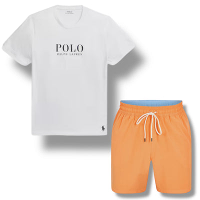 RALPH LAUREN POLO BIG LOGO T-SHIRT & SWIM SHORTS SET WHITE & ORANGE
