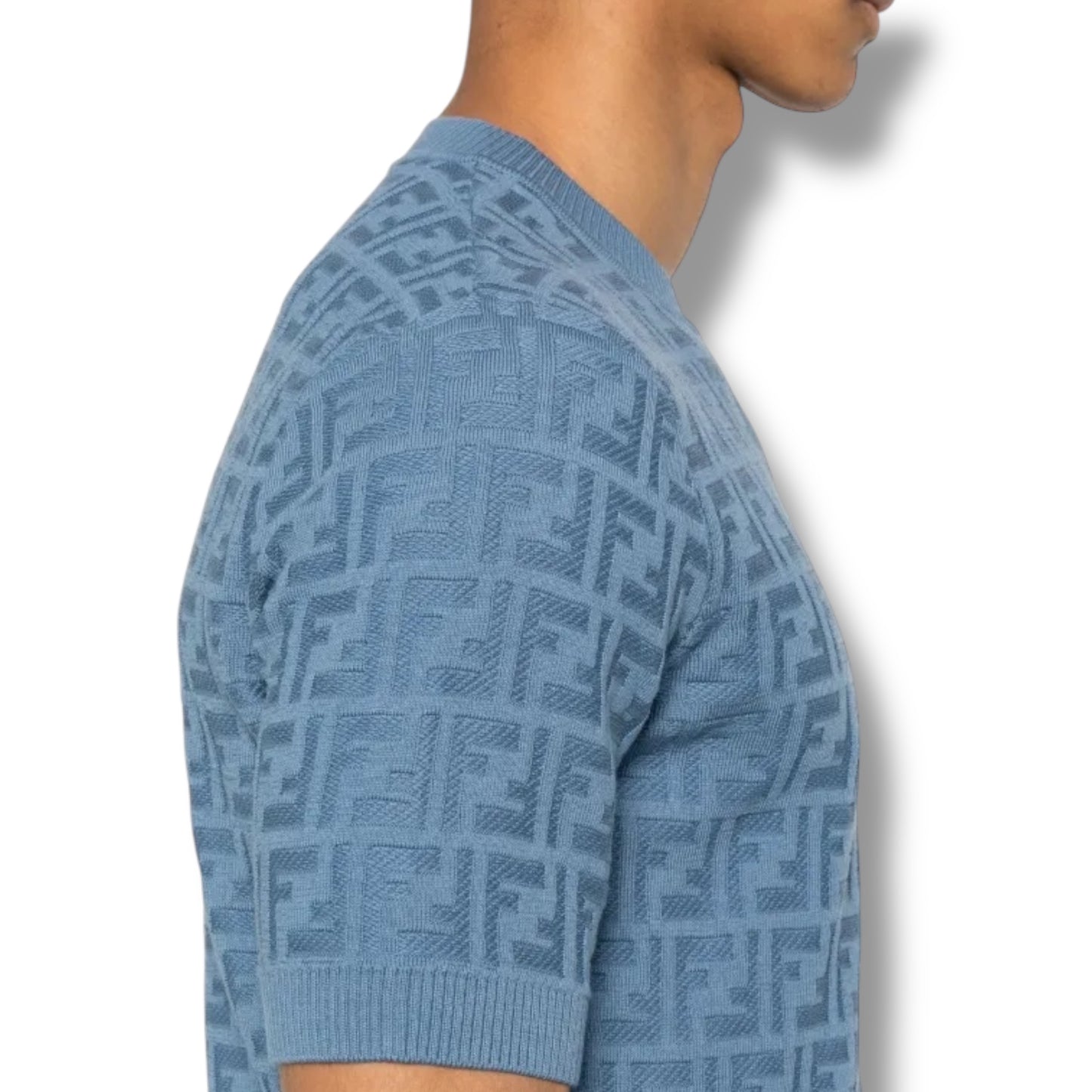 FENDI THIN KNIT FF ALL OVER LOGO T-SHIRT LIGHT BLUE