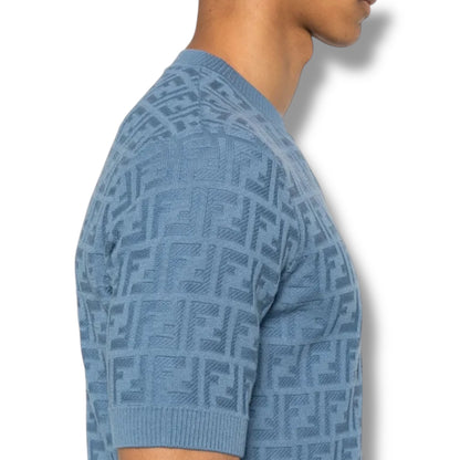 FENDI THIN KNIT FF ALL OVER LOGO T-SHIRT LIGHT BLUE