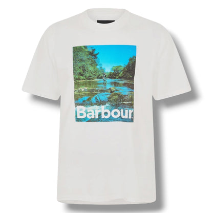 BARBOUR LAKE LOGO T-SHIRT & CHECK SWIM SHORTS SET WHITE & NAVY BLUE