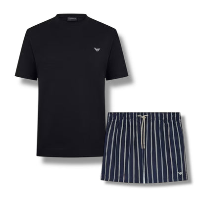 EMPORIO ARMANI LOGO T-SHIRT & STRIPED SWIM SHORTS SET NAVY BLUE