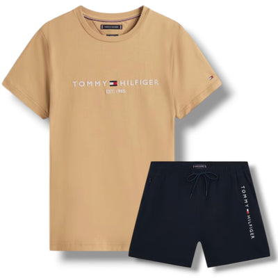 TOMMY HILFIGER LOGO T-SHIRT & SWIM SHORTS SET CAMEL BEIGE & NAVY BLUE