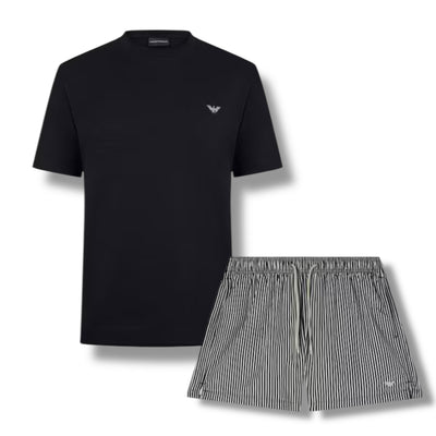 EMPORIO ARMANI LOGO T-SHIRT & STRIPED SWIM SHORTS SET NAVY BLUE & BLACK
