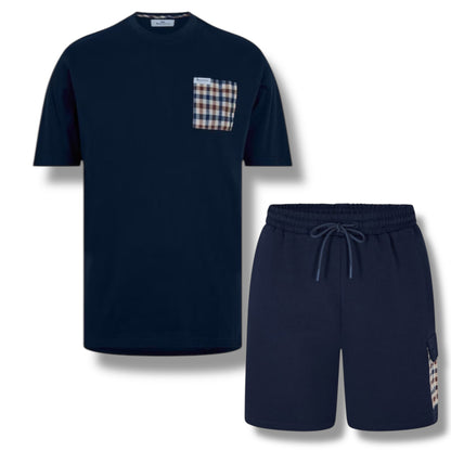AQUASCUTUM PATCH POCKET T-SHIRT & SIDE POCKET SWIM SHORTS SET NAVY - NAVY