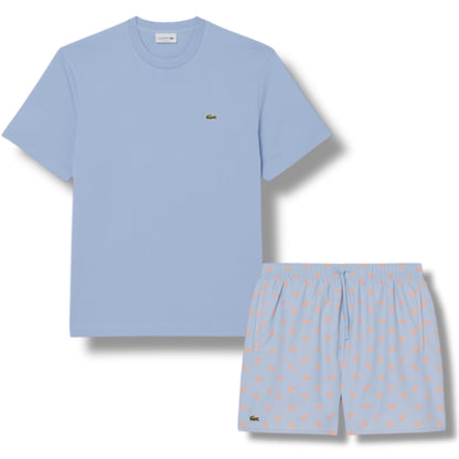 LACOSTE SMALL LOGO T-SHIRT & ALL OVER LOGO SWIM SHORTS SET LIGHT BLUE & LIGHT BLUE