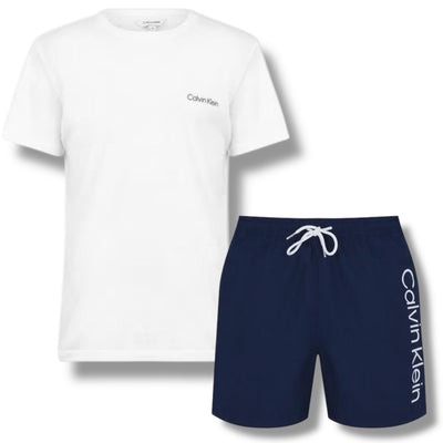 CALVIN KLEIN T-SHIRT & SWIM SHORTS SET WHITE & NAVY BLUE