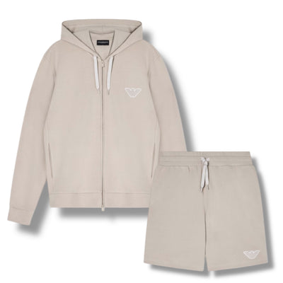EMPORIO ARMANI ZIP UP HOODIE & SHORTS SET BEIGE