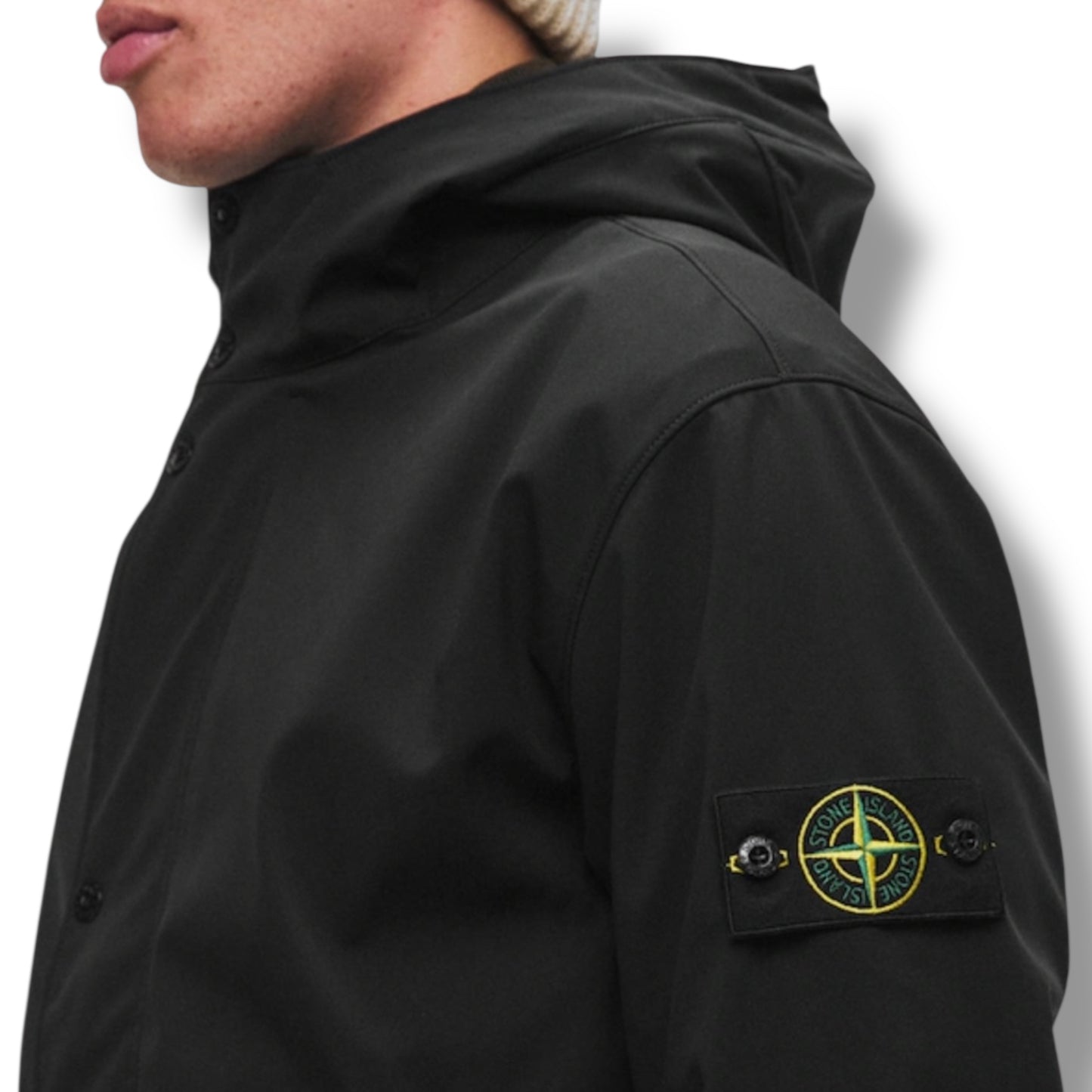 STONE ISLAND SOFT SHELL HOODED JACKET BLACK