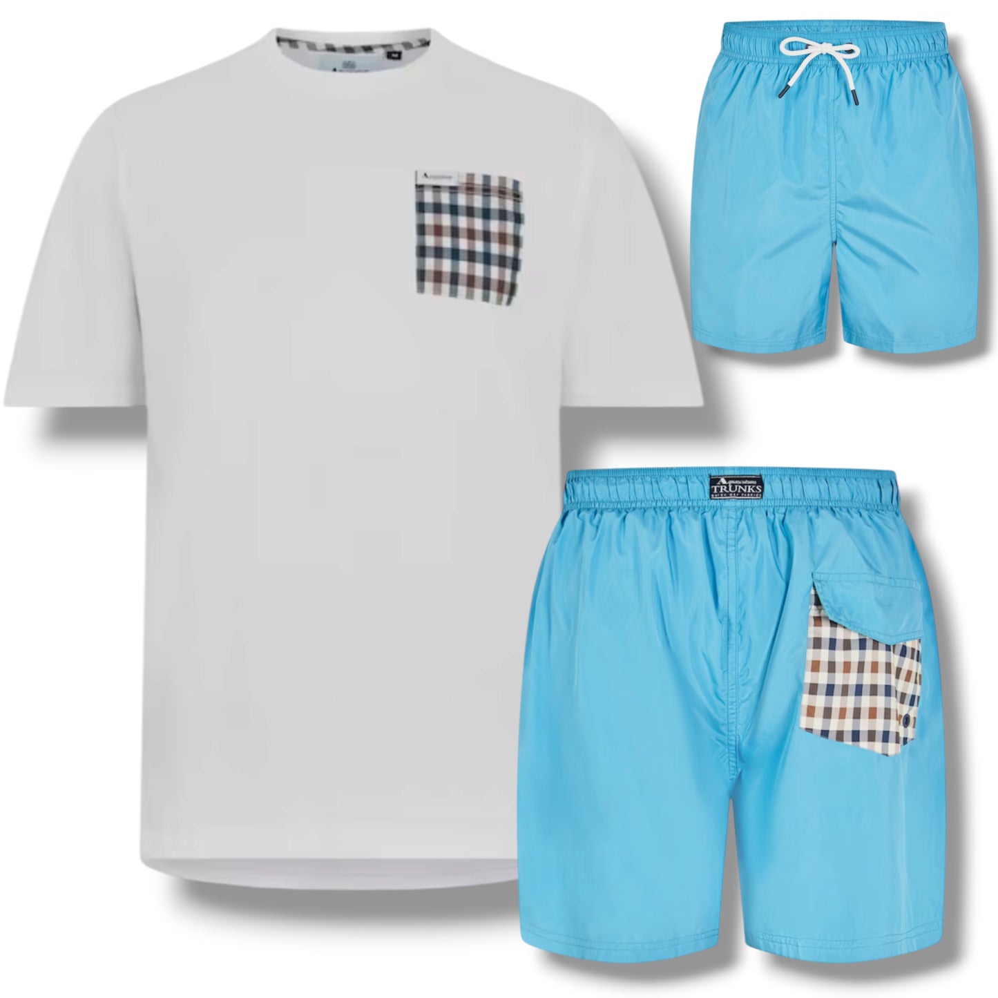 AQUASCUTUM PATCH T-SHIRT & SWIM SHORTS SET WHITE & BRIGHT BLUE