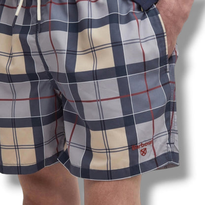 BARBOUR LIGHTHOUSE LOGO T-SHIRT & CHECK SWIM SHORTS SET WHITE & BEIGE