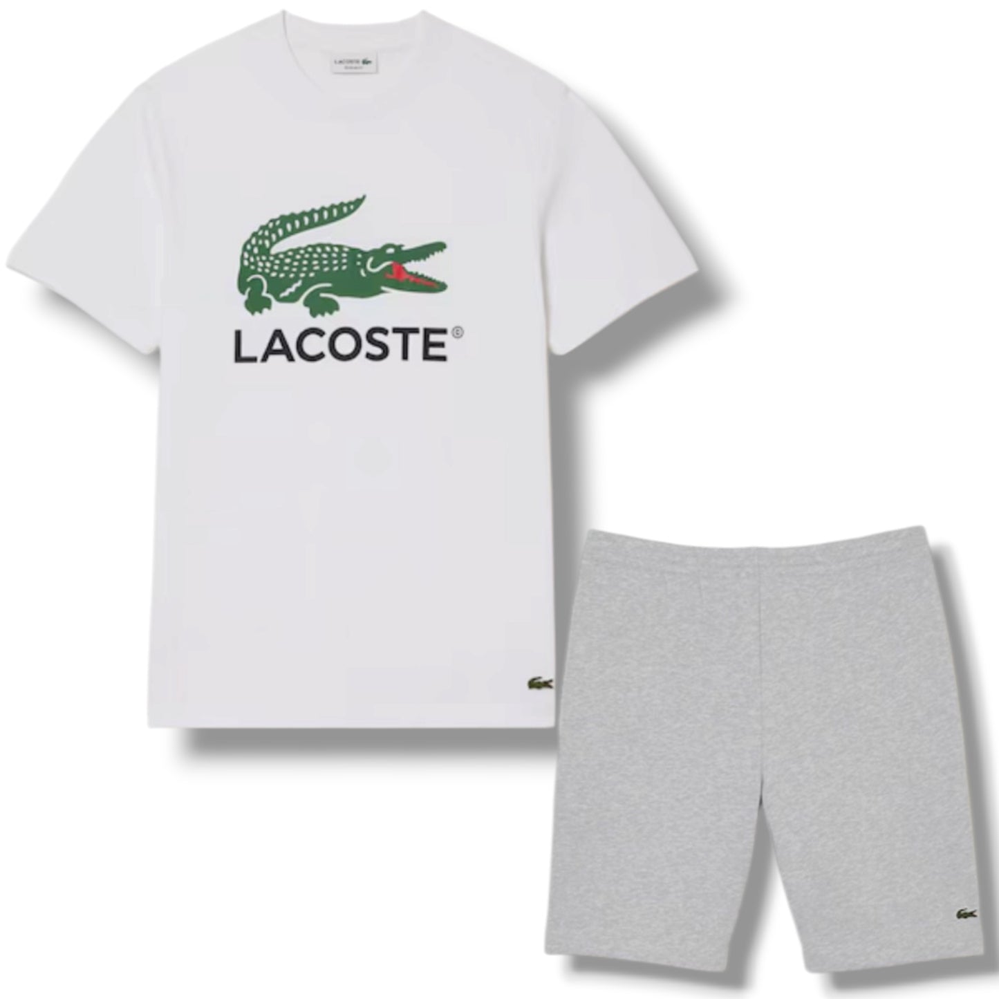 LACOSTE LARGE LOGO T-SHIRT & JERSEY SHORTS SET WHITE & GREY