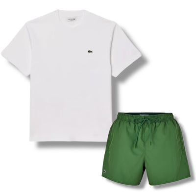 LACOSTE SMALL LOGO T-SHIRT & SWIM SHORTS SET WHITE & GREEN