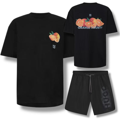 HUGO ORANGES T-SHIRT & VERTI SPRAY LOGO SWIM SHORTS SET BLACK