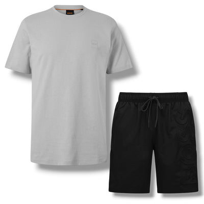 HUGO BOSS PATCH T-SHIRT & VERTI LOGO SWIM SHORTS LIGHT GREY & BLACK