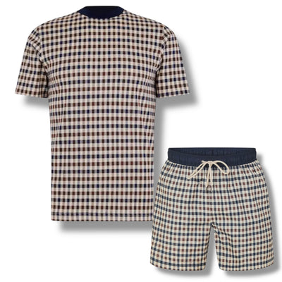 AQUASCUTUM CHECK ALL OVER T-SHIRT & CHECK SWIM SHORTS SET BEIGE - BEIGE