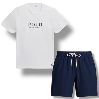 RALPH LAUREN POLO BIG LOGO T-SHIRT & SWIM SHORTS SET WHITE & NAVY BLUE