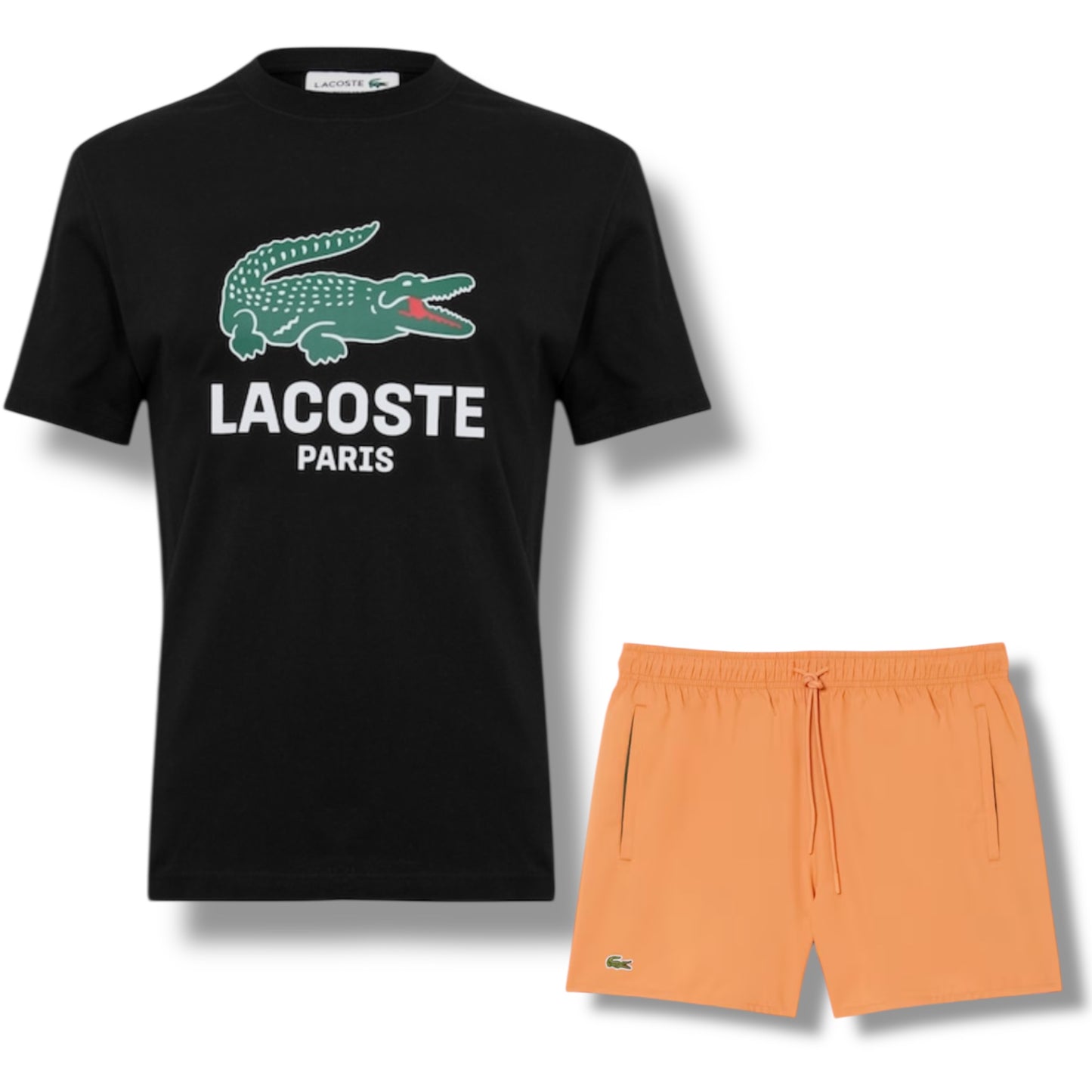 LACOSTE LARGE LOGO T-SHIRT & SWIM SHORTS SET BLACK & ORANGE