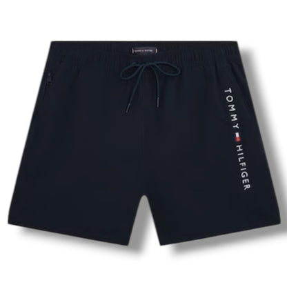 TOMMY HILFIGER LOGO T-SHIRT & SWIM SHORTS SET CAMEL BEIGE & NAVY BLUE