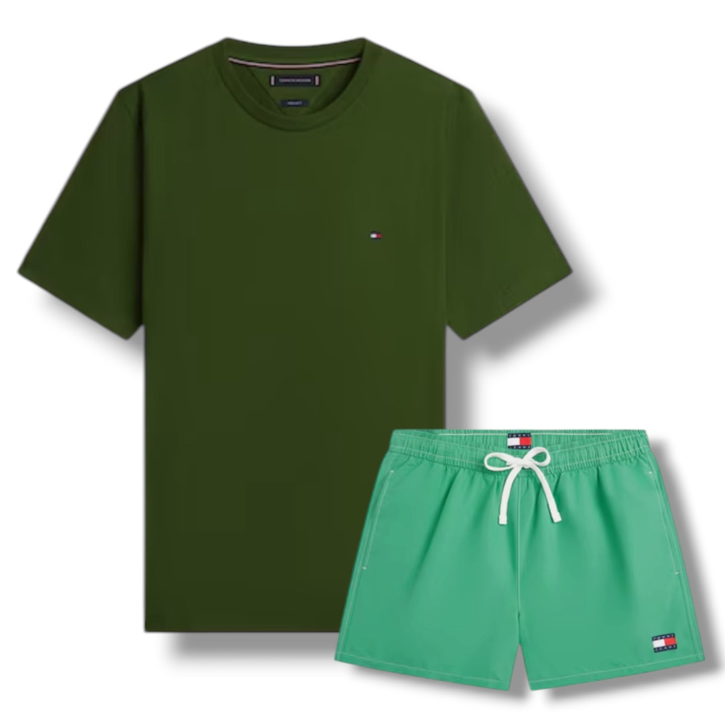 TOMMY HILFIGER SMALL LOGO T-SHIRT & SWIM SHORTS SET PINE GREEN & GREEN