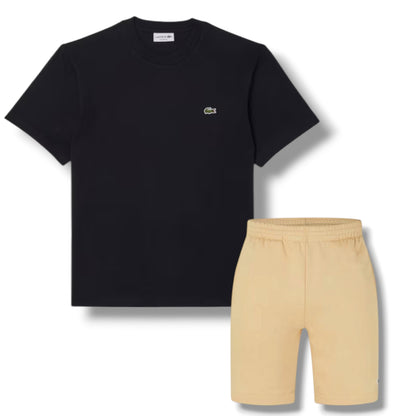 LACOSTE SMALL LOGO T-SHIRT & JERSEY SHORTS SET BLACK & BEIGE