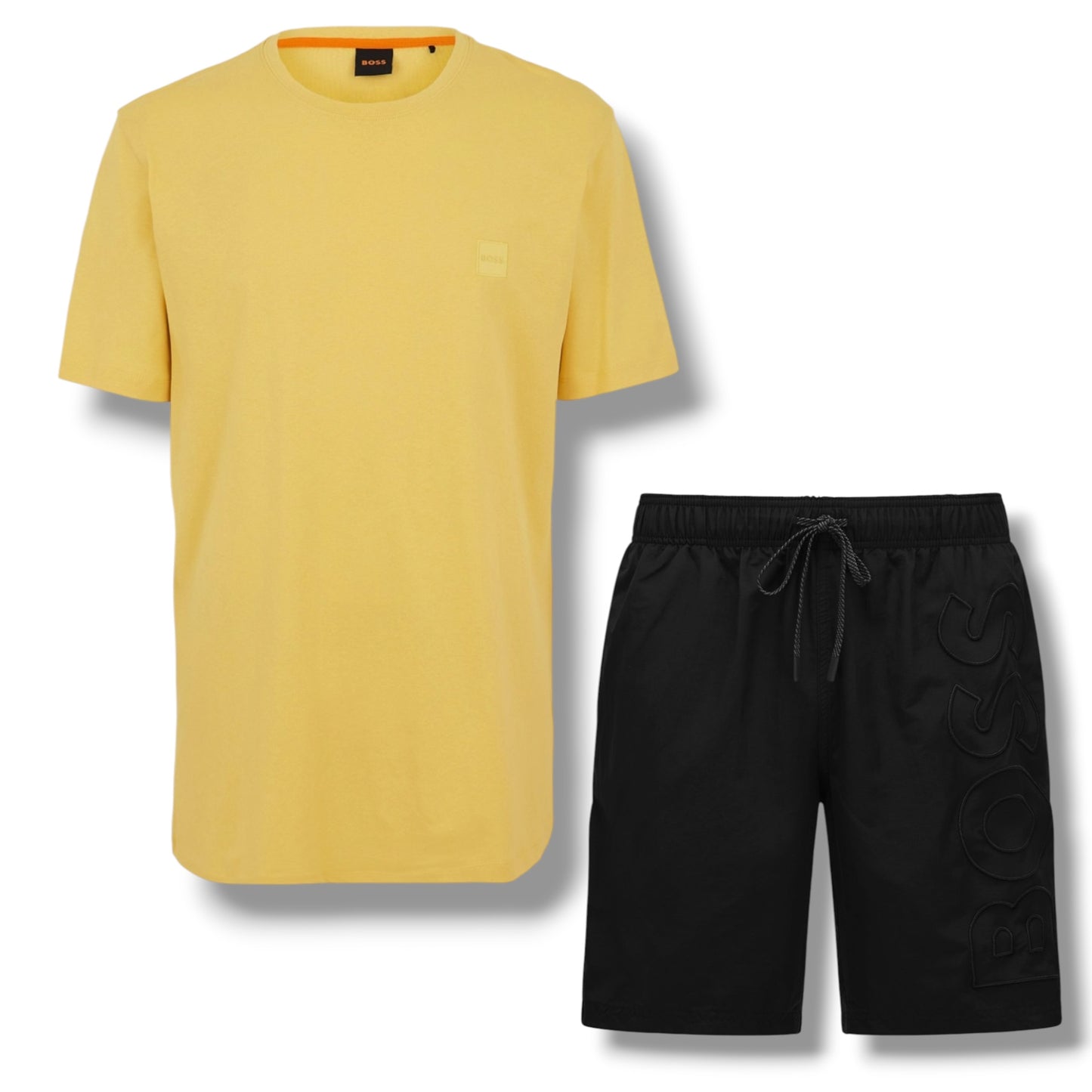HUGO BOSS PATCH T-SHIRT & VERTI LOGO SWIM SHORTS SET YELLOW & BLACK