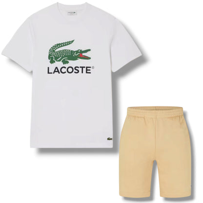 LACOSTE LARGE LOGO T-SHIRT & JERSEY SHORTS SET WHITE & BEIGE