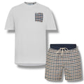 AQUASCUTUM  PATCH POCKET T-SHIRT & CHECK SWIM SHORTS SET WHITE - BEIGE