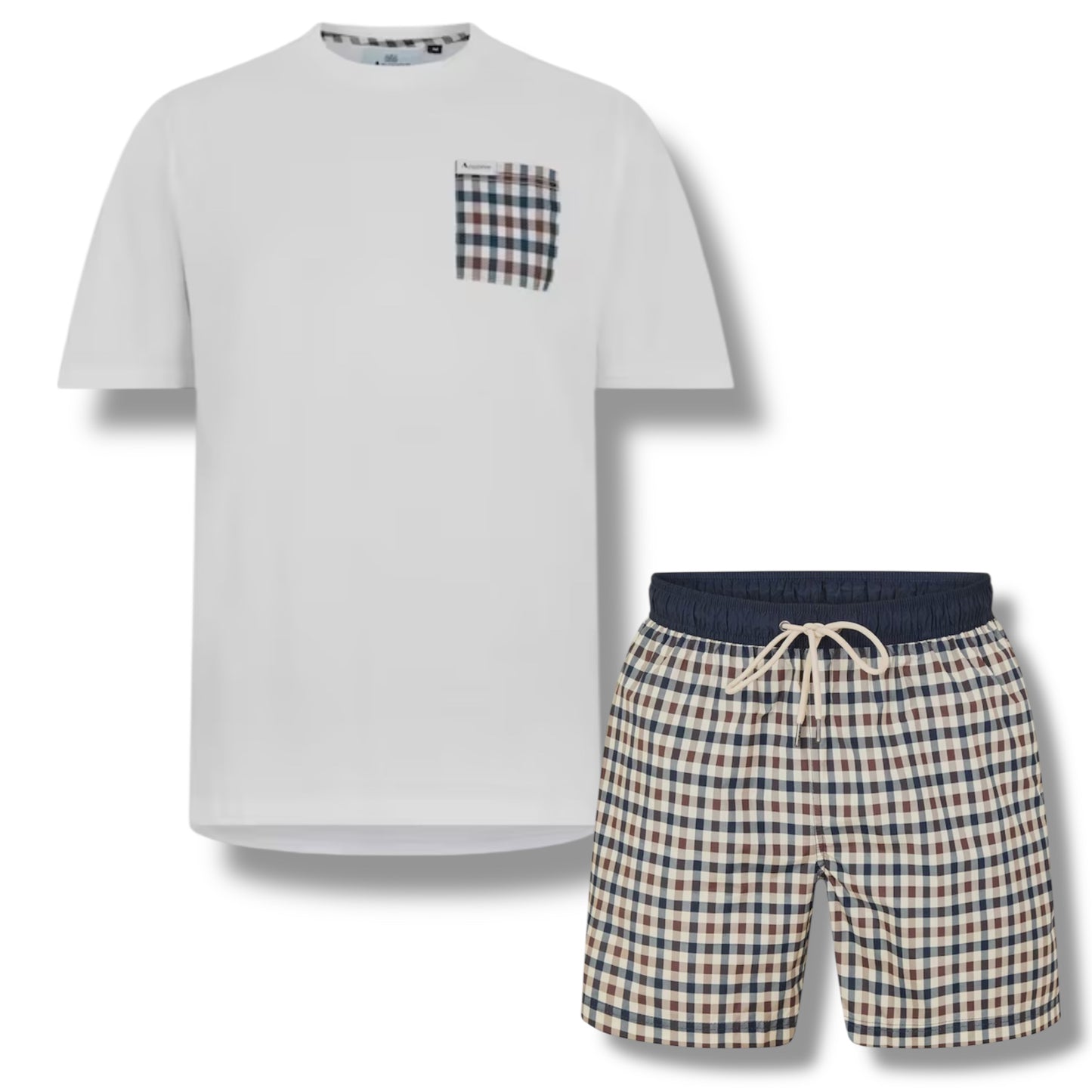 AQUASCUTUM  PATCH POCKET T-SHIRT & CHECK SWIM SHORTS SET WHITE - BEIGE