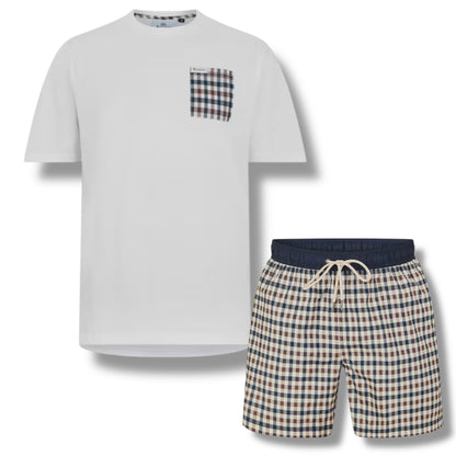 AQUASCUTUM  PATCH POCKET T-SHIRT & CHECK SWIM SHORTS SET WHITE - BEIGE