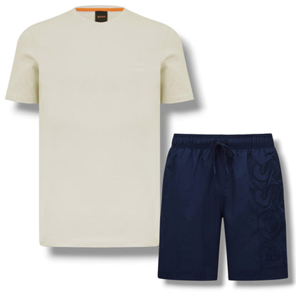 HUGO BOSS PATCH T-SHIRT & VERTI LOGO SWIM SHORTS SET BEIGE & NAVY BLUE