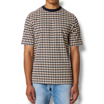 AQUASCUTUM CHECK ALL OVER T-SHIRT & CHECK SWIM SHORTS SET BEIGE - BEIGE