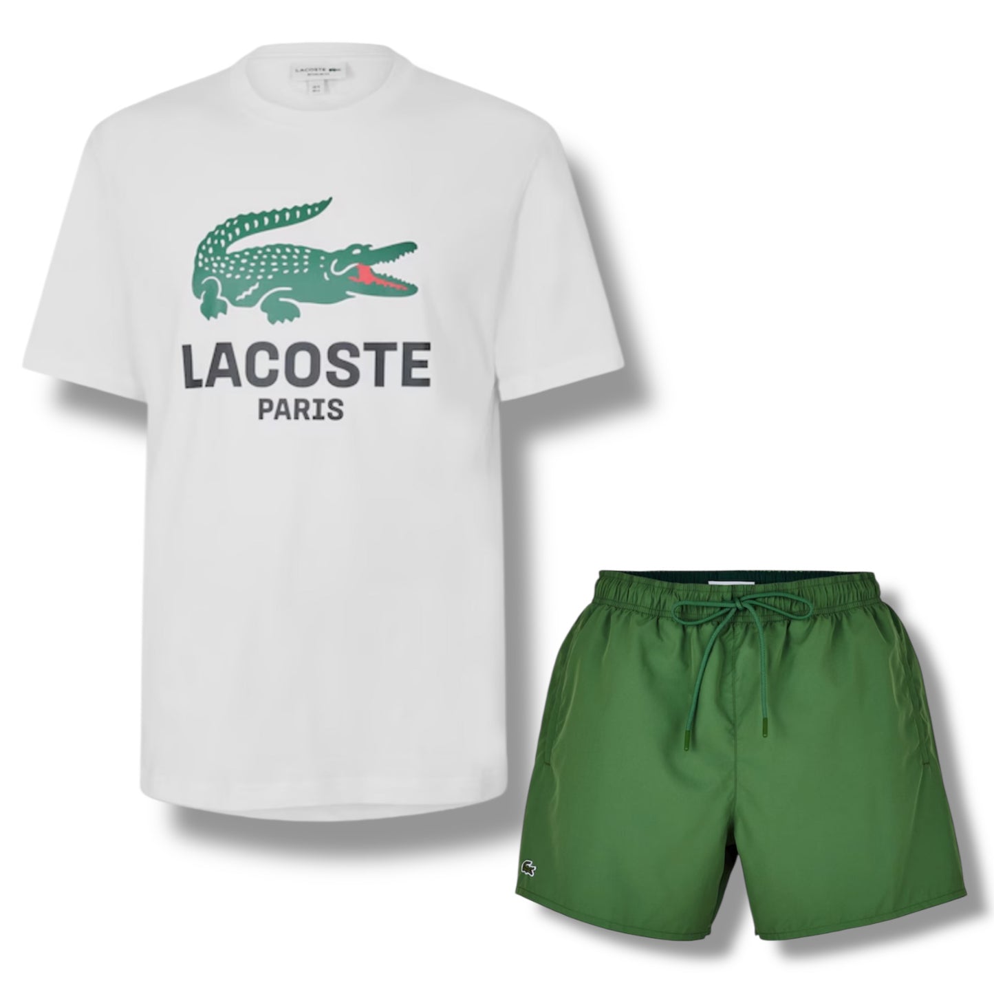 LACOSTE LARGE LOGO T-SHIRT & SWIM SHORTS SET WHITE & GREEN