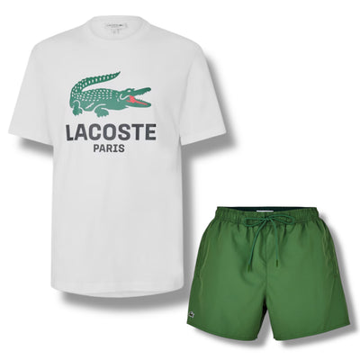 LACOSTE LARGE LOGO T-SHIRT & SWIM SHORTS SET WHITE & GREEN