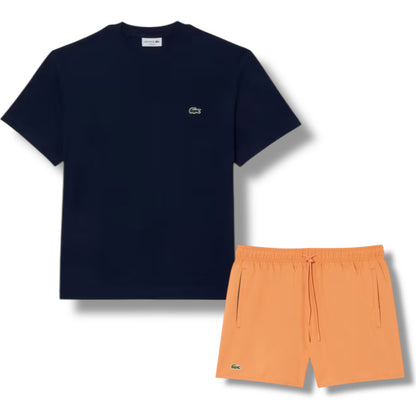 LACOSTE SMALL LOGO T-SHIRT & SWIM SHORTS SET NAVY & ORANGE