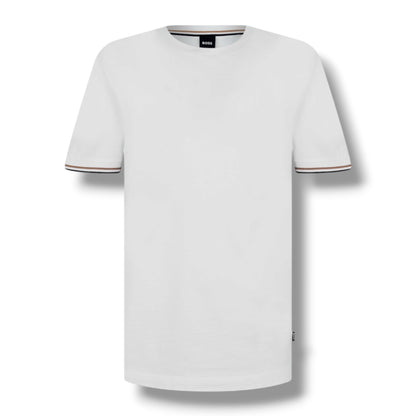 HUGO BOSS TRIM SLEEVE T-SHIRT & GEO SWIM SHORTS WHITE & BROWN
