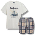 BARBOUR LIGHTHOUSE LOGO T-SHIRT & CHECK SWIM SHORTS SET WHITE & BEIGE