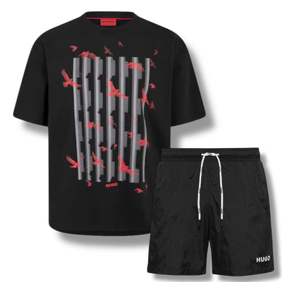 HUGO BIRD LOGO T-SHIRT & SMALL LOGO SWIM SHORTS SET BLACK