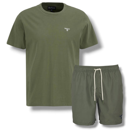 BARBOUR SMALL LOGO T-SHIRT & SWIM SHORTS SET OLIVE GREEN