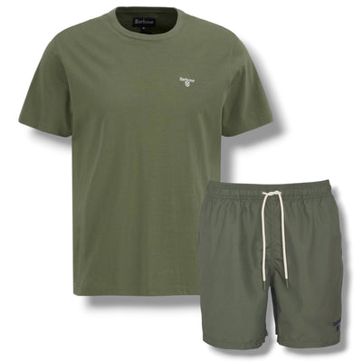 BARBOUR SMALL LOGO T-SHIRT & SWIM SHORTS SET OLIVE GREEN
