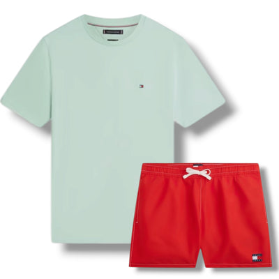 TOMMY HILFIGER SMALL LOGO T-SHIRT & SWIM SHORTS SET MINT GREEN & RED