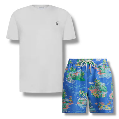 RALPH LAUREN T-SHIRT & BEAR SWIM SHORTS SET WHITE & LIGHT BLUE