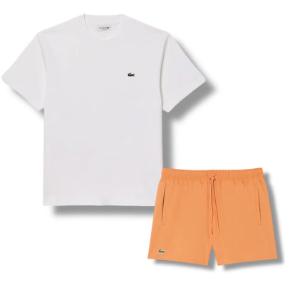 LACOSTE SMALL LOGO T-SHIRT & SWIM SHORTS SET WHITE & ORANGE