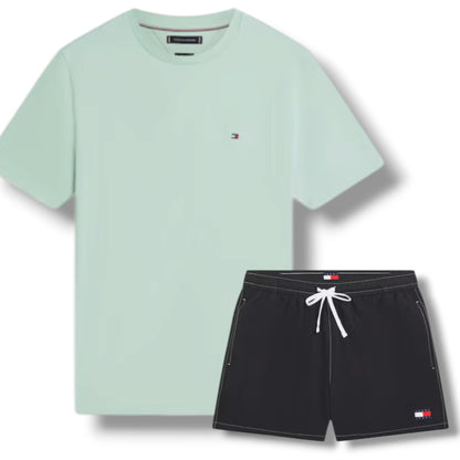 TOMMY HILFIGER SMALL LOGO T-SHIRT & SWIM SHORTS SET MINT GREEN & BLACK