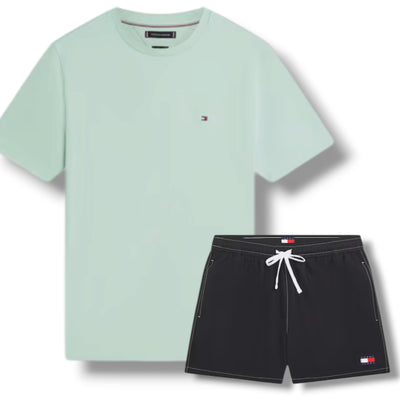 TOMMY HILFIGER SMALL LOGO T-SHIRT & SWIM SHORTS SET MINT GREEN & BLACK