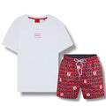HUGO SMALL BOX LOGO T-SHIRT & ALL OVER SWIM SHORTS SET WHITE & RED