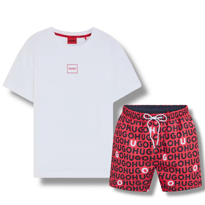 HUGO SMALL BOX LOGO T-SHIRT & ALL OVER SWIM SHORTS SET WHITE & RED