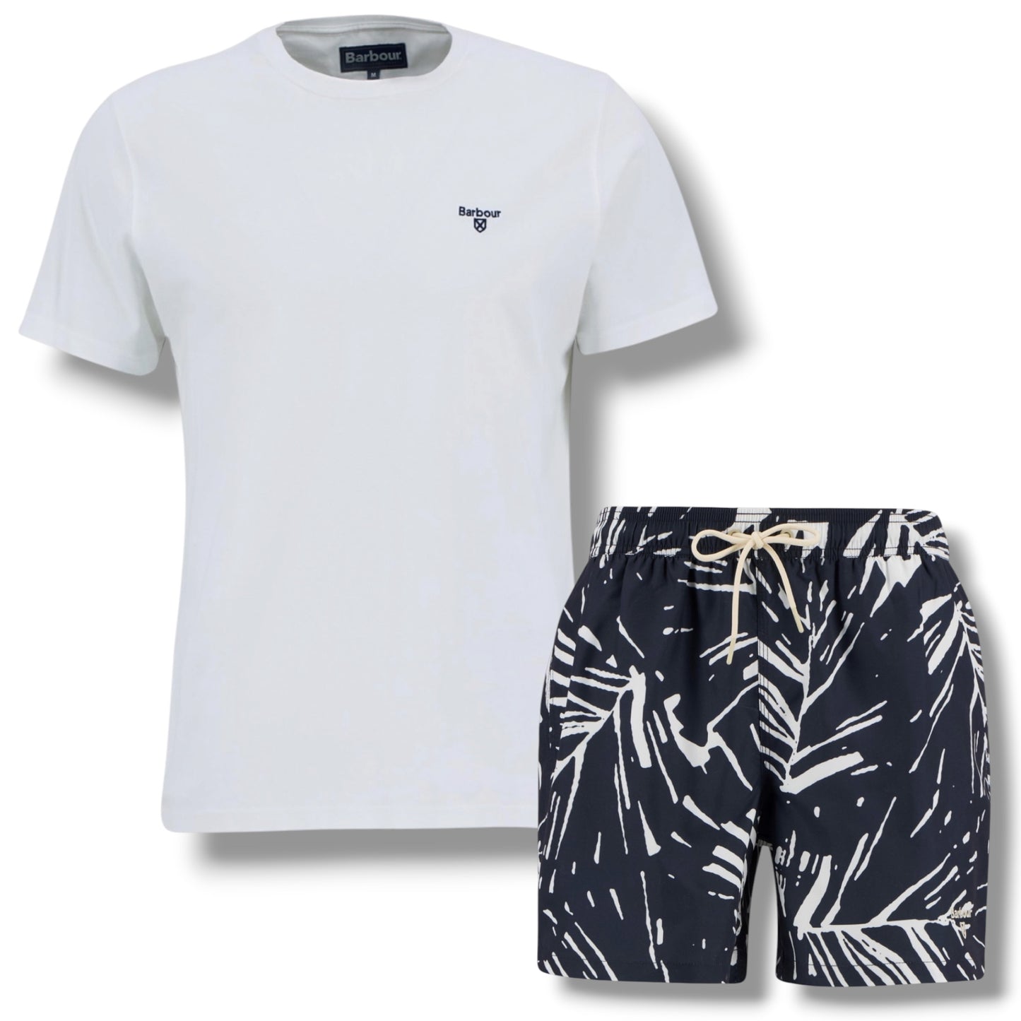 BARBOUR SMALL LOGO T-SHIRT & FLORAL SWIM SHORTS SET WHITE & NAVY BLUE